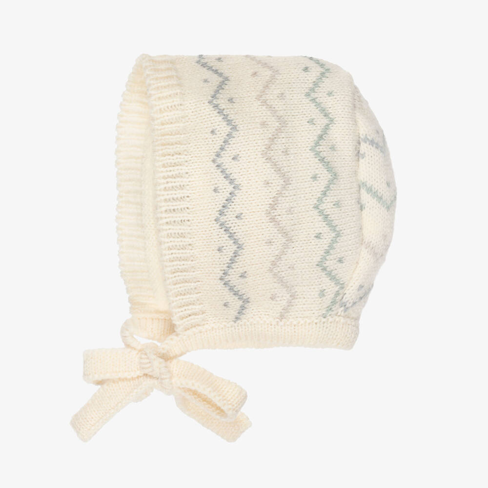 Mebi-Ivory Zigzag Pattern Knitted Baby Bonnet | Childrensalon