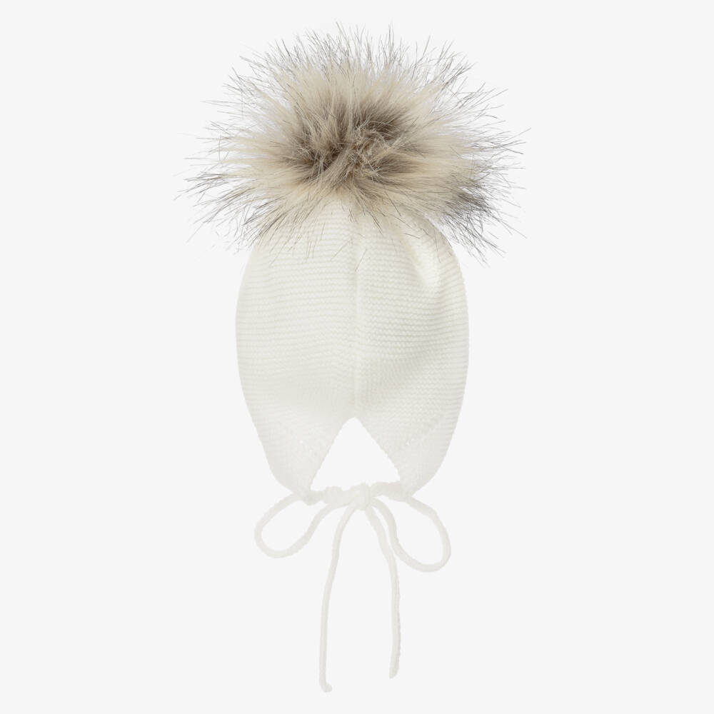 Mebi-Knitted Ivory Hat With Faux Fur Pom-Pom | Childrensalon