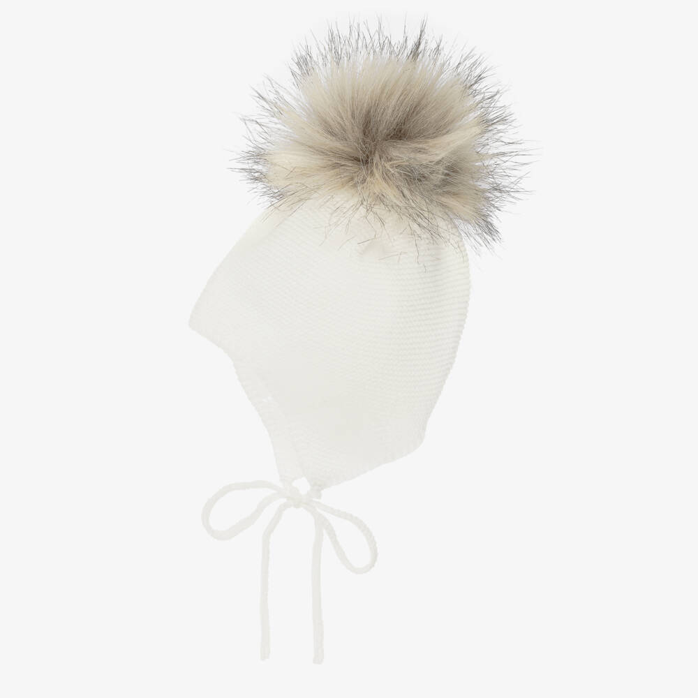 Mebi-Knitted Ivory Hat With Faux Fur Pom-Pom | Childrensalon