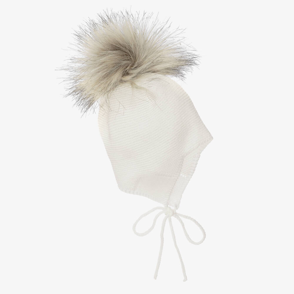 Mebi-Knitted Ivory Hat With Faux Fur Pom-Pom | Childrensalon