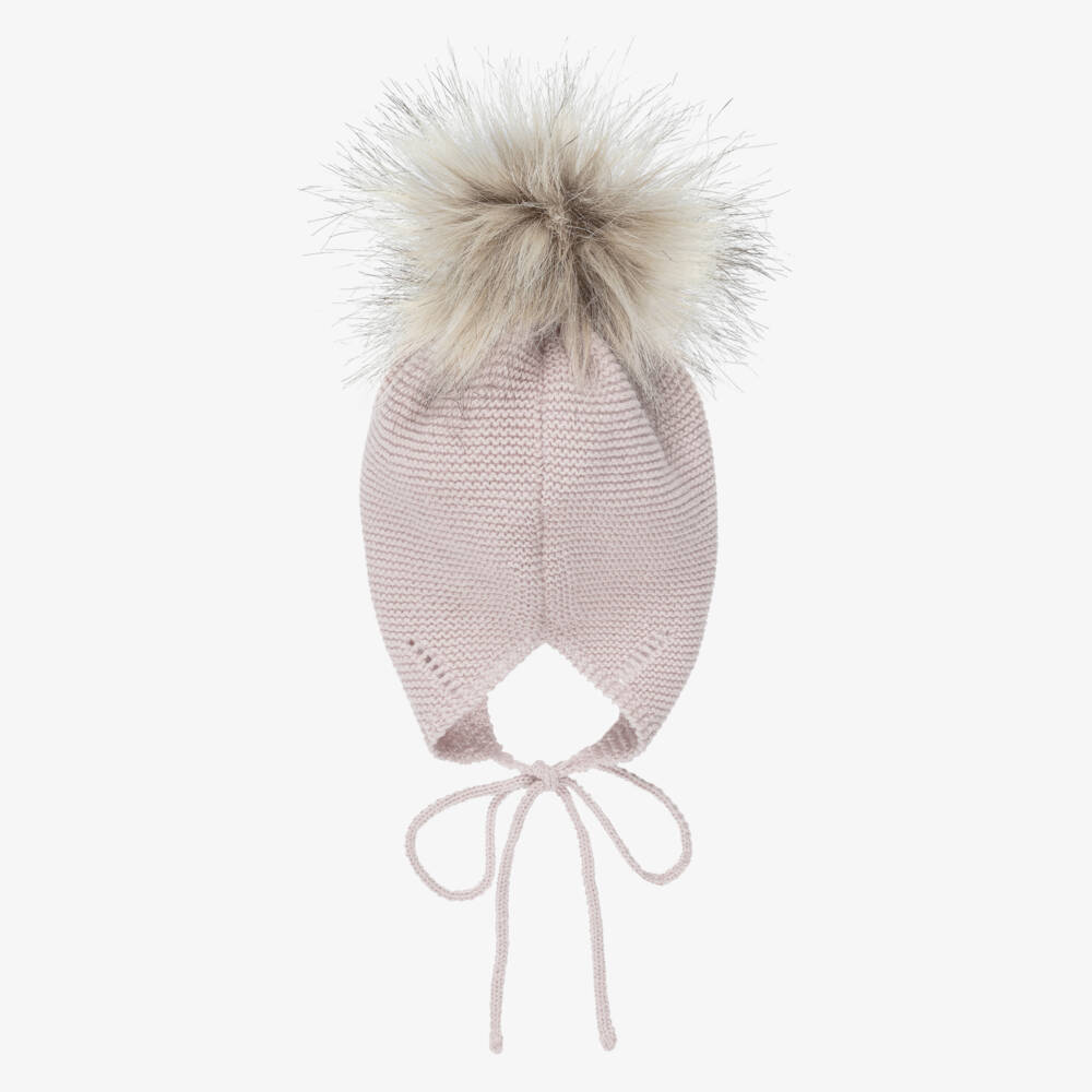 Mebi-Knitted Pink Hat With Faux Fur Pom-Pom | Childrensalon