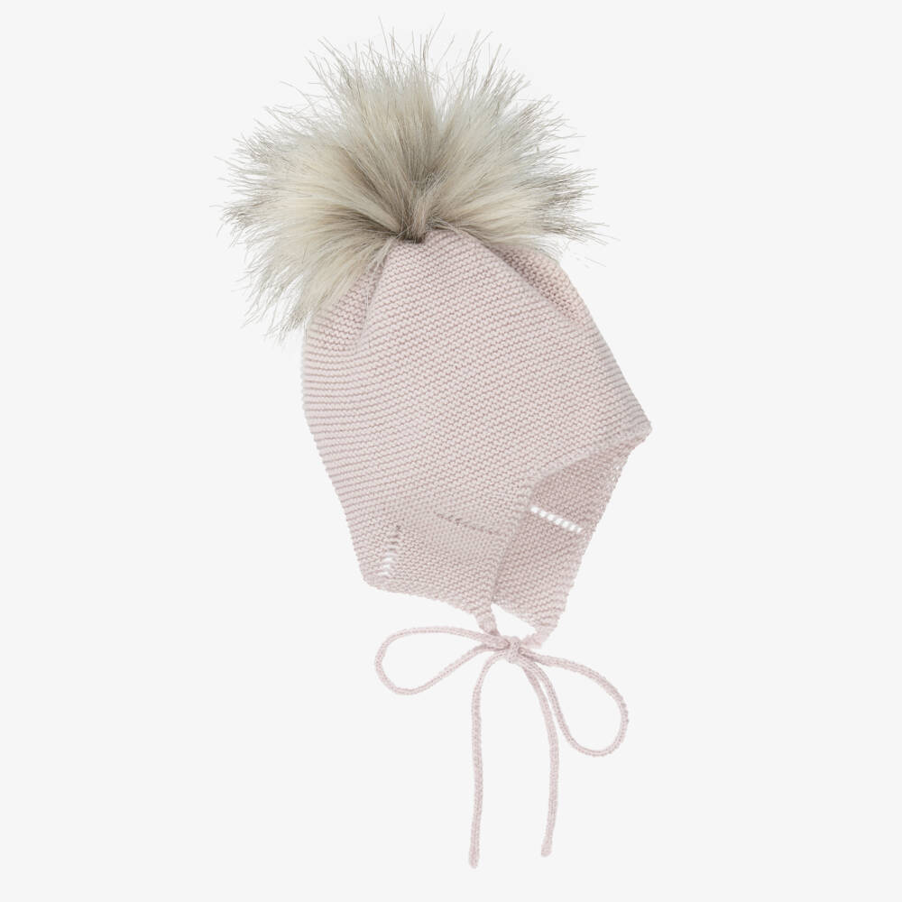 Mebi-Knitted Pink Hat With Faux Fur Pom-Pom | Childrensalon