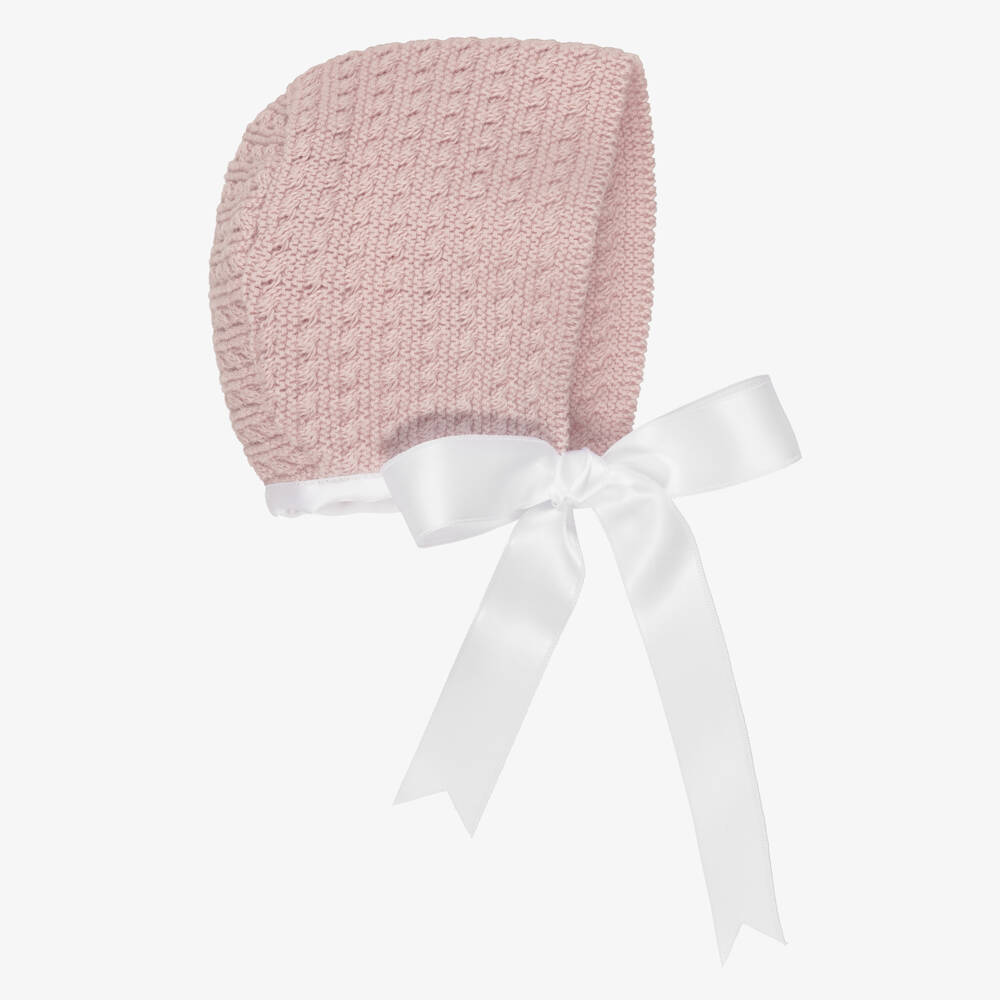 Mebi-Pink Cotton Knit Baby Bonnet with Ribbon Ties | Childrensalon