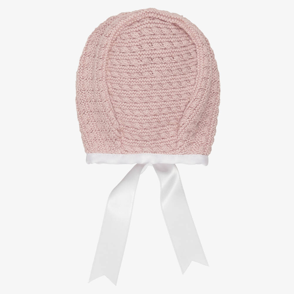 Mebi-Pink Cotton Knit Baby Bonnet with Ribbon Ties | Childrensalon