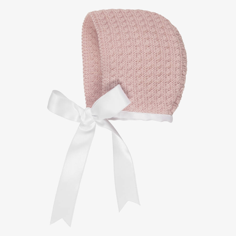 Mebi-Pink Cotton Knit Baby Bonnet with Ribbon Ties | Childrensalon