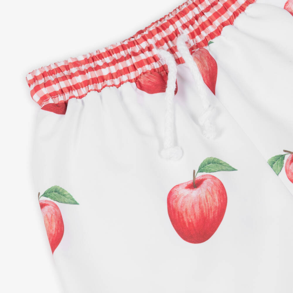 Meia Pata-Boys White Apple Print Swim Shorts | Childrensalon