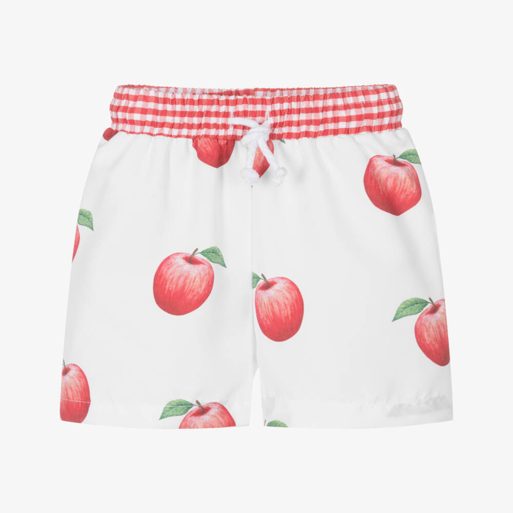 Meia Pata-Boys White Apple Print Swim Shorts | Childrensalon