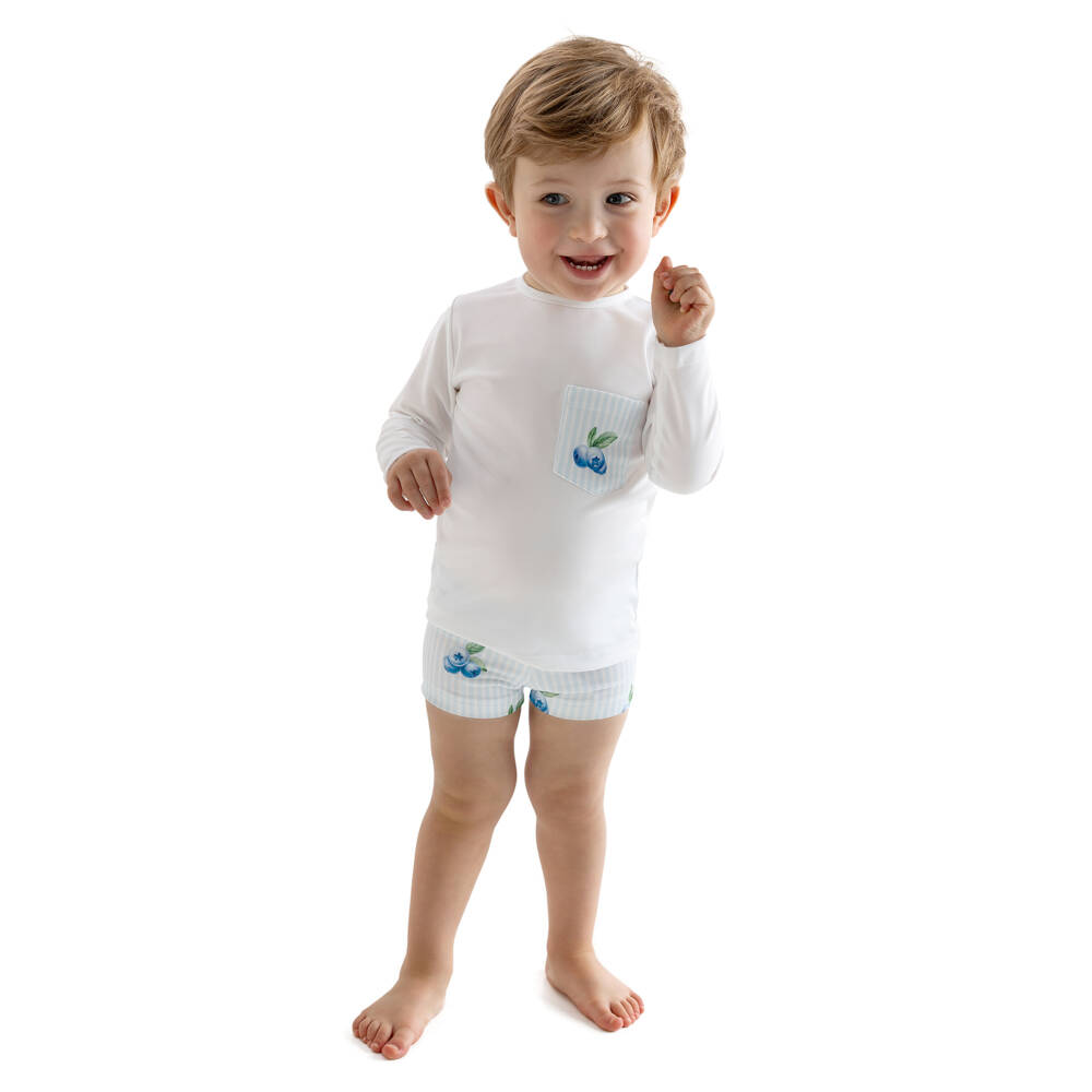 Meia Pata-Boys White Blueberry Print Swim Top (UPF50+) | Childrensalon
