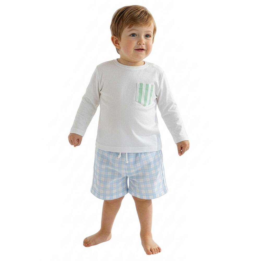 Meia Pata-Boys White Swim Top with Mint Green Stripe Pocket (UPF50+) | Childrensalon