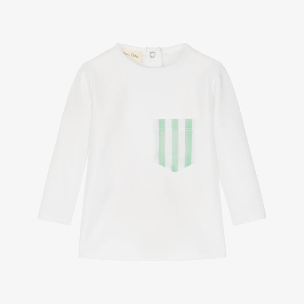 Meia Pata-Boys White Swim Top with Mint Green Stripe Pocket (UPF50+) | Childrensalon