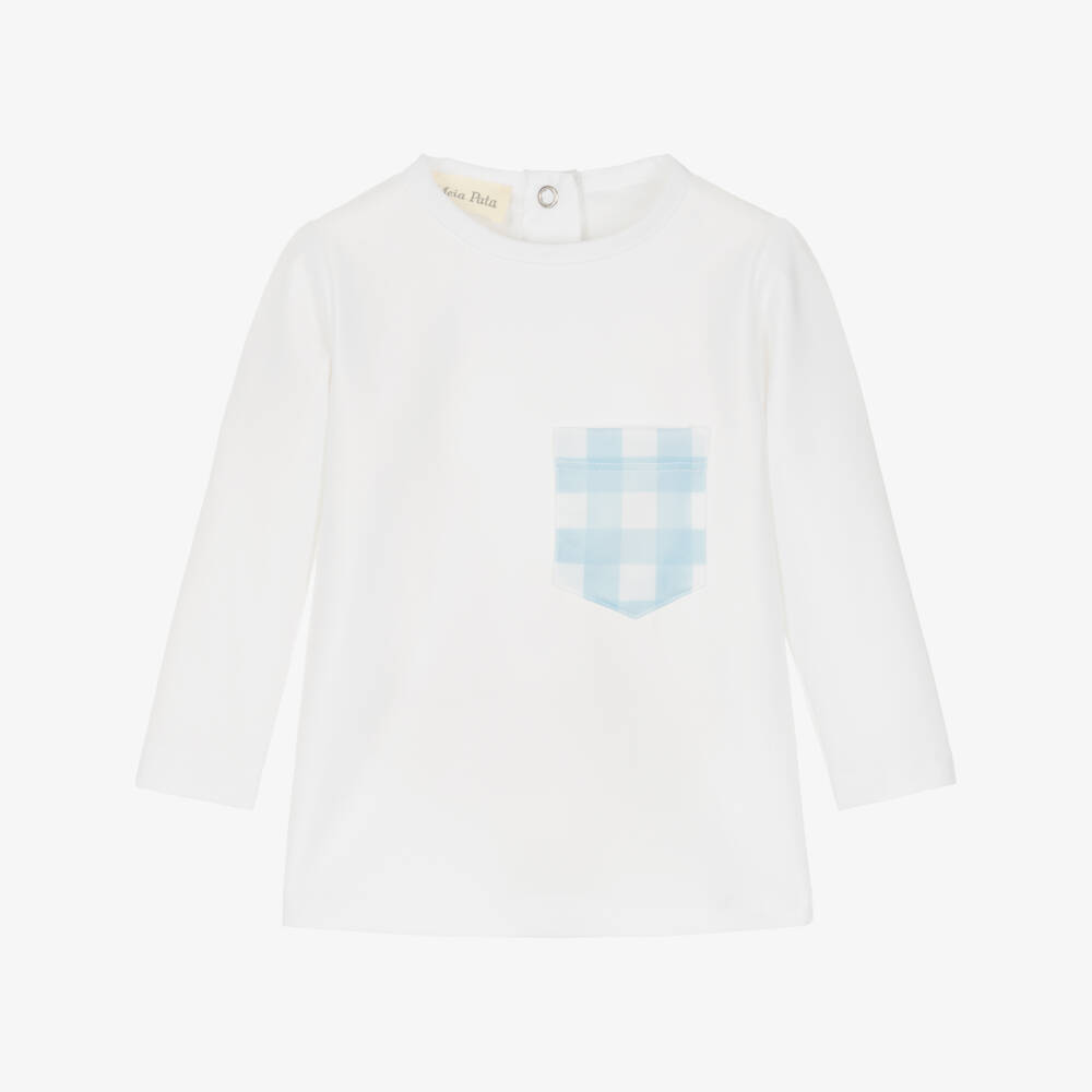 Meia Pata-Boys White Swim Top with Pale Blue Gingham Pocket (UPF50+) | Childrensalon