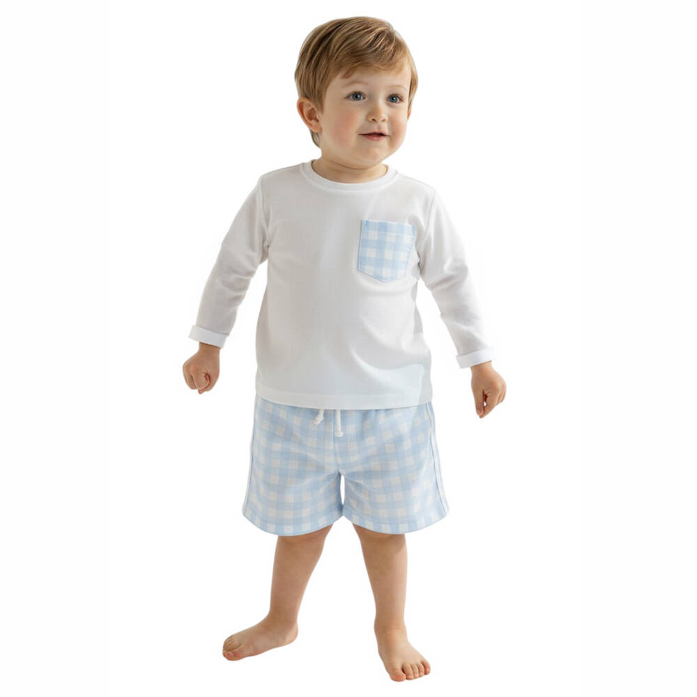 Meia Pata-Boys White Swim Top with Pale Blue Gingham Pocket (UPF50+) | Childrensalon