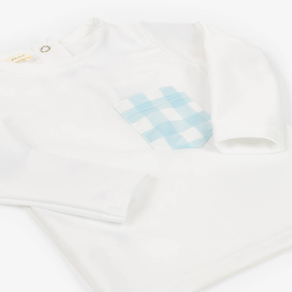 Meia Pata-Boys White Swim Top with Pale Blue Gingham Pocket (UPF50+) | Childrensalon