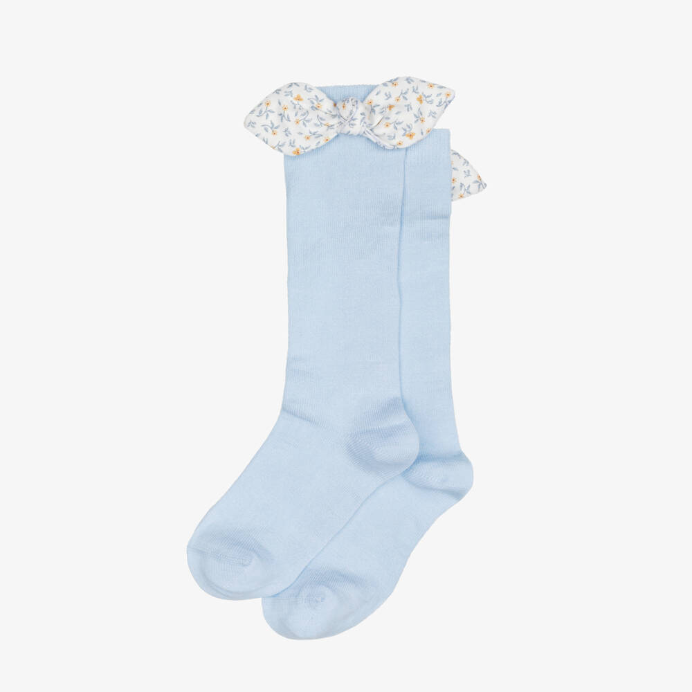 Meia Pata-Girls Blue Socks with Floral Pattern Bows | Childrensalon