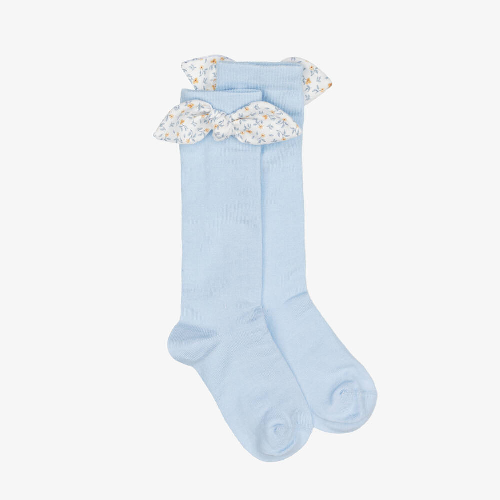 Meia Pata-Girls Blue Socks with Floral Pattern Bows | Childrensalon