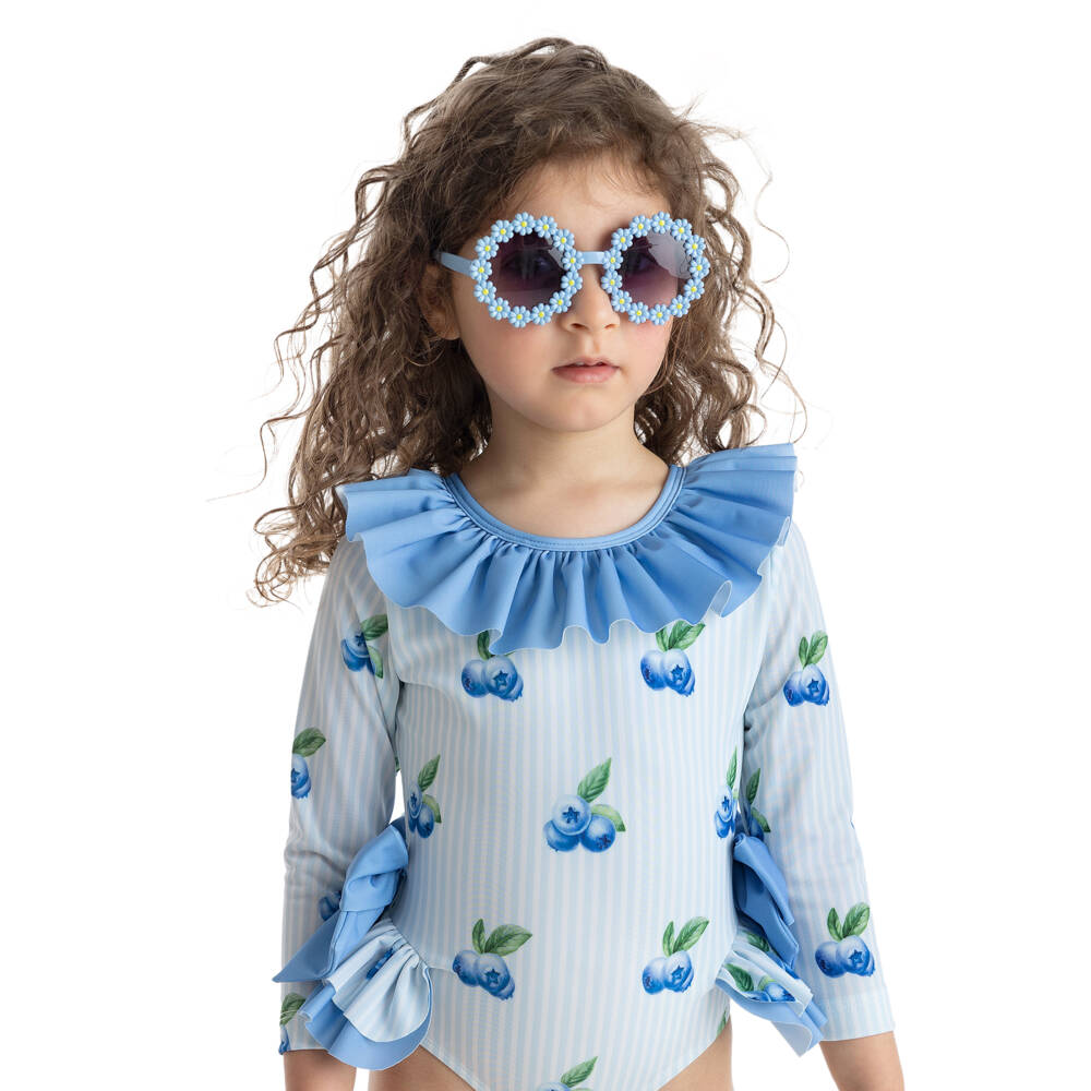 Meia Pata-Girls Blue Striped Swimsuit (UPF50+) | Childrensalon