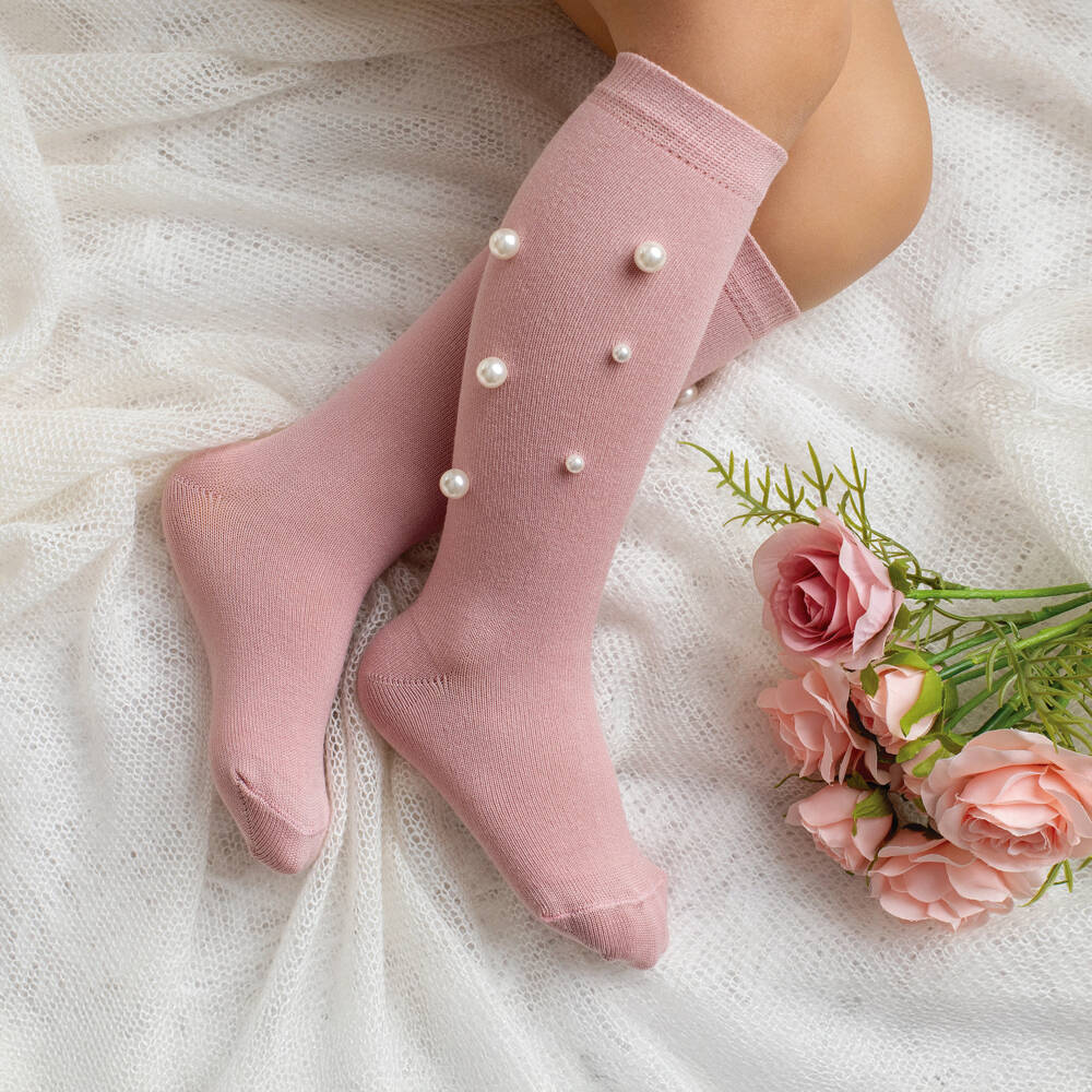 Meia Pata-Girls Dusky Pink Knee High Socks with Pearl Embellishments | Childrensalon