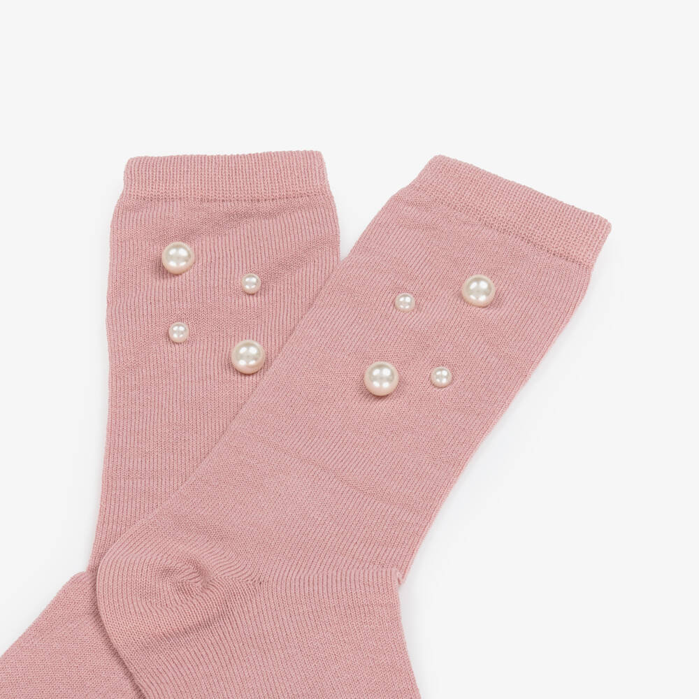 Meia Pata-Girls Dusky Pink Knee High Socks with Pearl Embellishments | Childrensalon