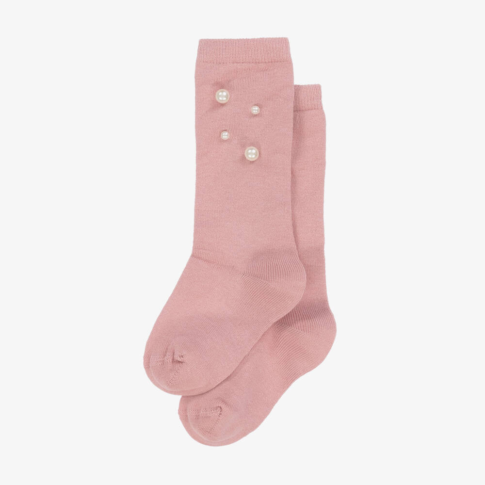 Meia Pata-Girls Dusky Pink Knee High Socks with Pearl Embellishments | Childrensalon