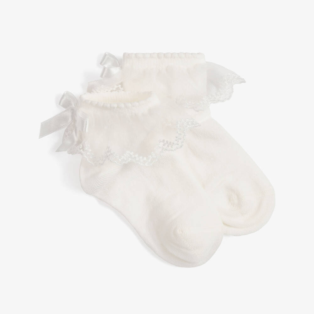 Meia Pata-Girls Ivory Ankle Socks with Lace Frill | Childrensalon