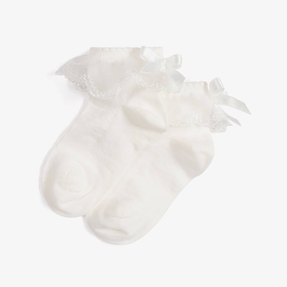 Meia Pata-Girls Ivory Ankle Socks with Lace Frill | Childrensalon