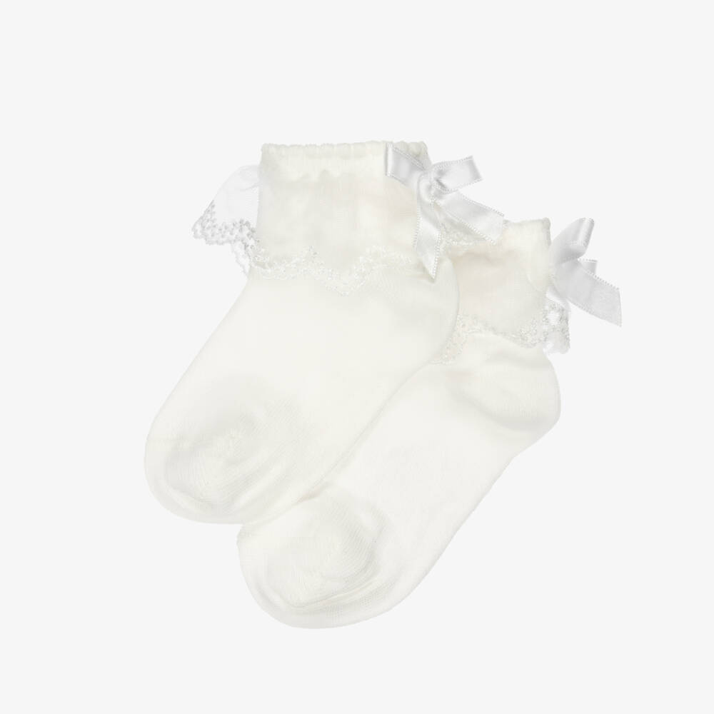 Meia Pata-Girls Ivory Ankle Socks with Lace Frill | Childrensalon