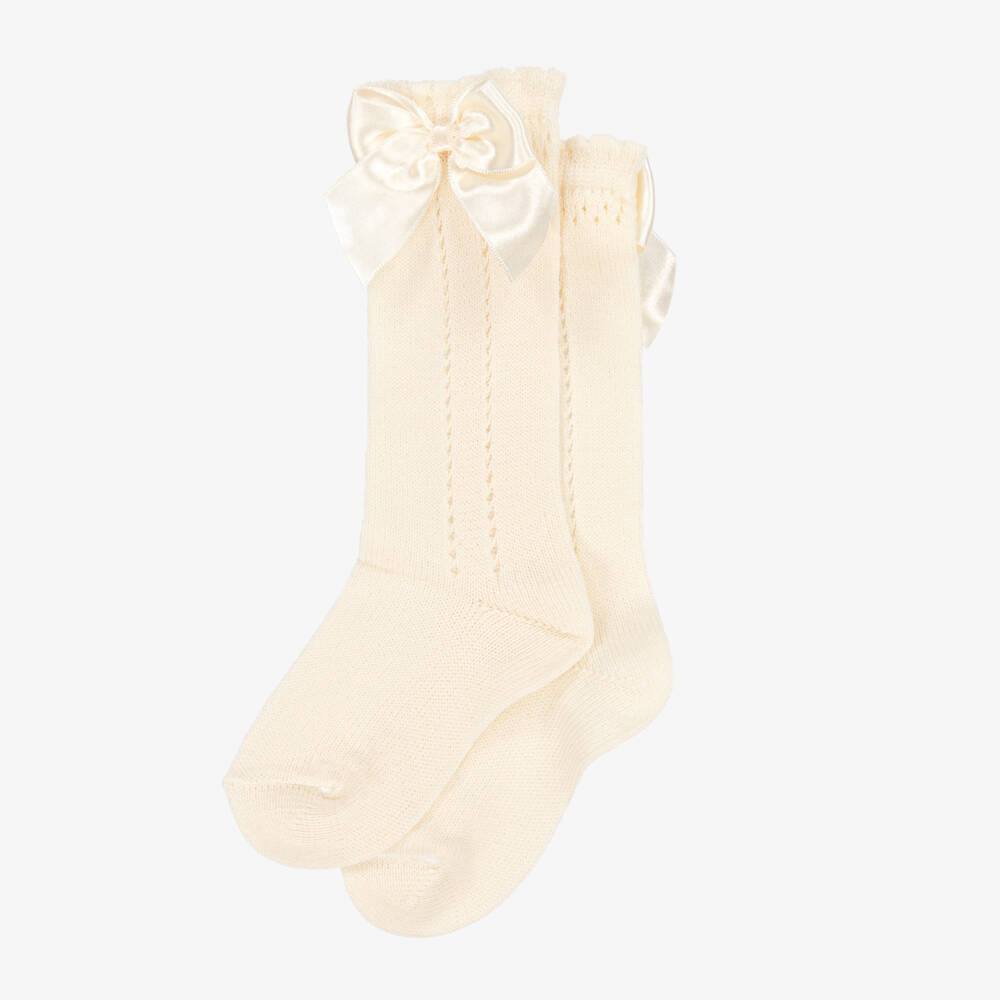 Meia Pata-Girls Ivory Knee High Socks with Satin Bows | Childrensalon