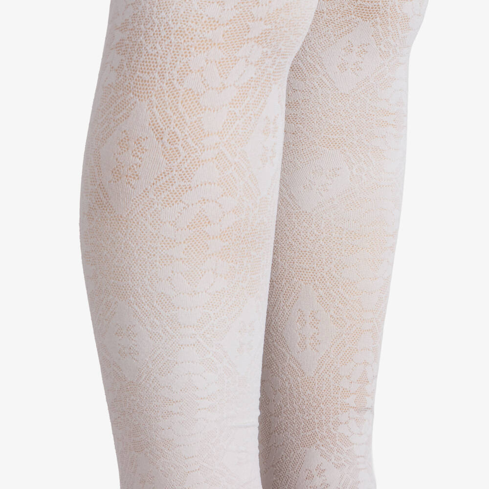Meia Pata-Girls Ivory Tights with Lacy Pattern | Childrensalon