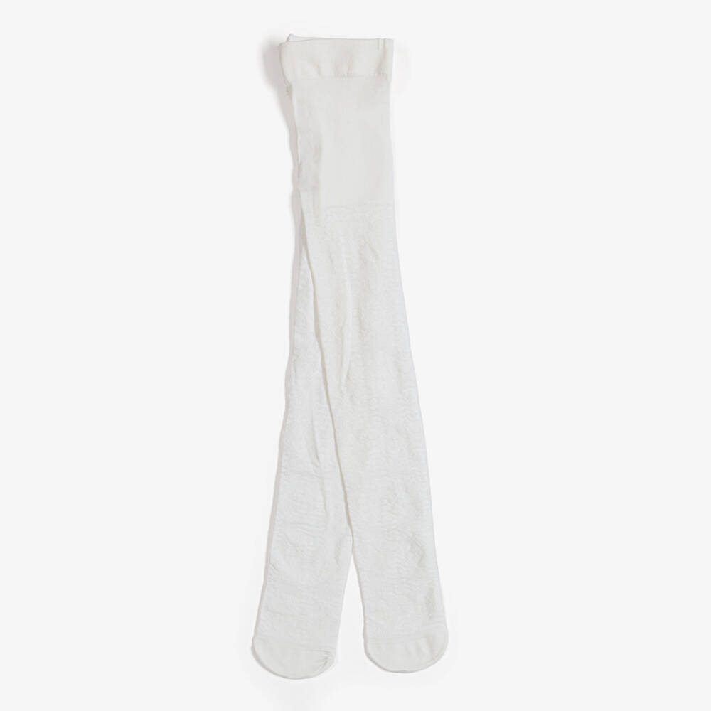 Meia Pata-Girls Ivory Tights with Lacy Pattern | Childrensalon