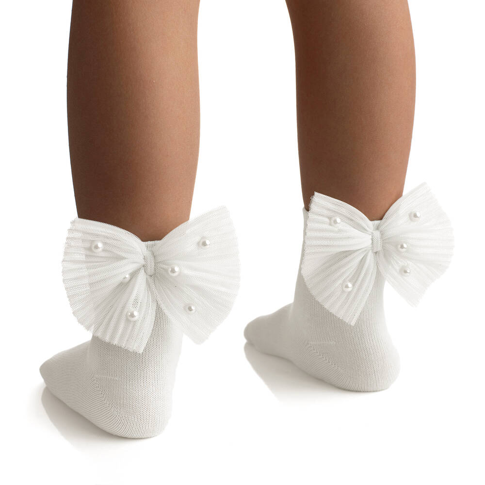 Meia Pata-Girls Ivory Tulle Bow Socks | Childrensalon