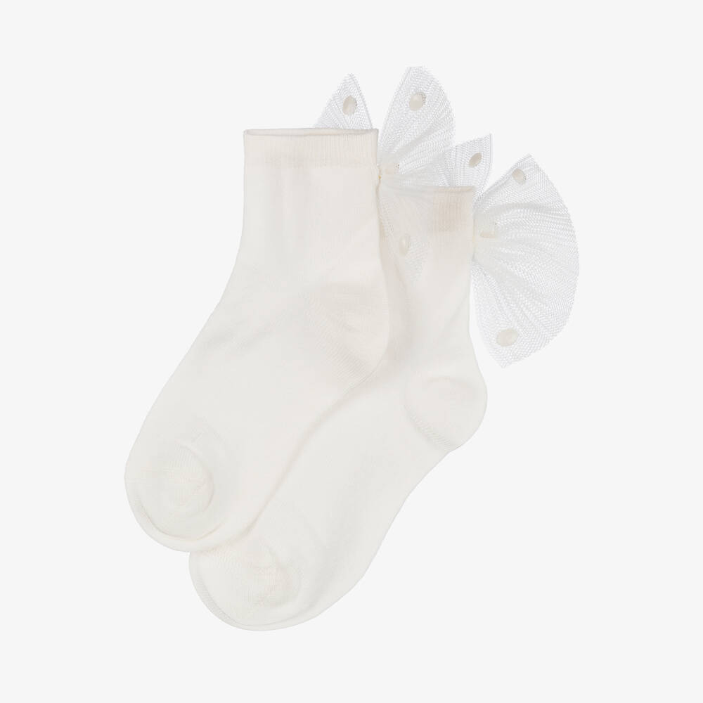 Meia Pata-Girls Ivory Tulle Bow Socks | Childrensalon