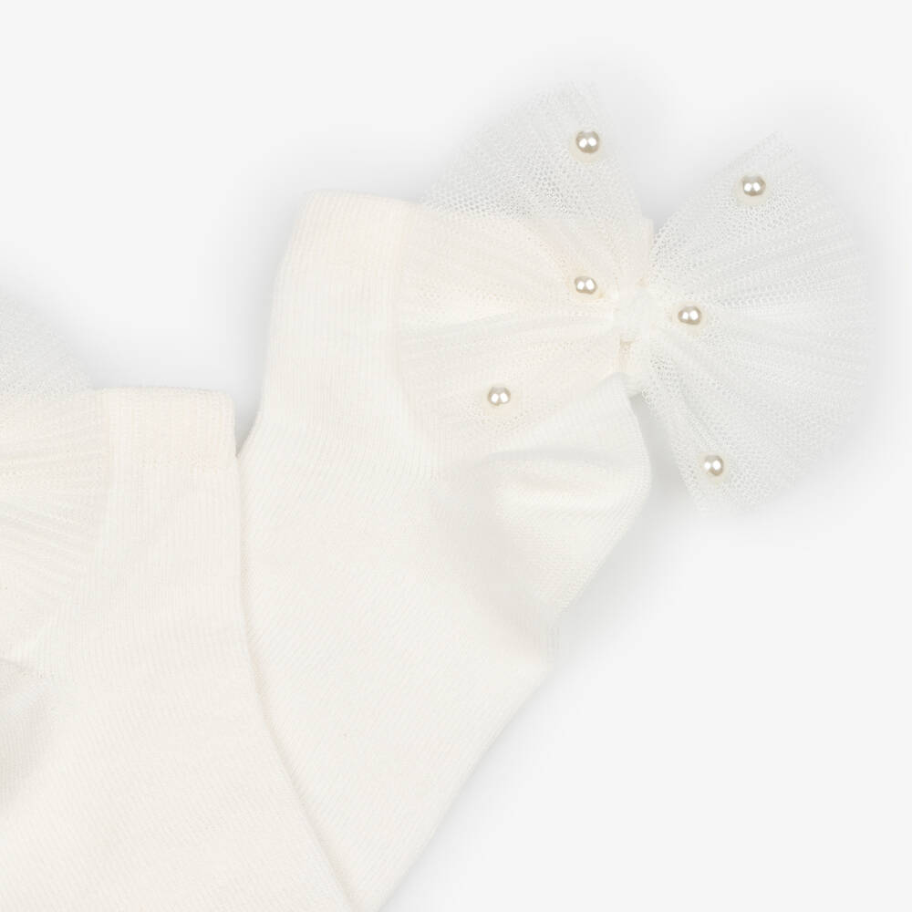 Meia Pata-Girls Ivory Tulle Bow Socks | Childrensalon