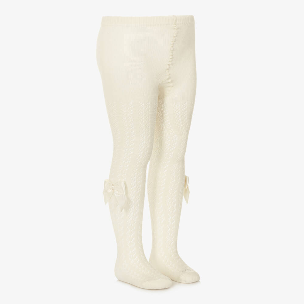 Meia Pata-Girls Lacey Ivory Cotton Tights with Satin Bows | Childrensalon
