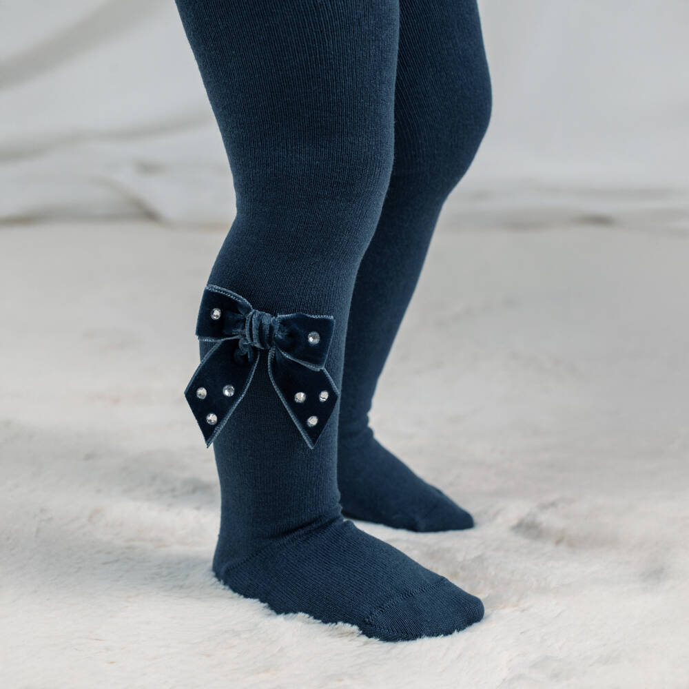 Meia Pata-Girls Navy Blue Cotton Tights with Diamanté Velvet Bows | Childrensalon
