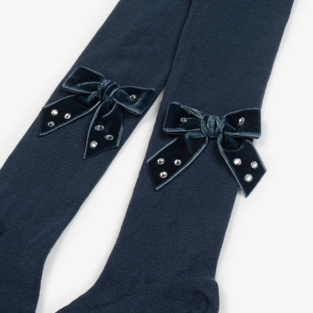 Meia Pata-Girls Navy Blue Cotton Tights with Diamanté Velvet Bows | Childrensalon
