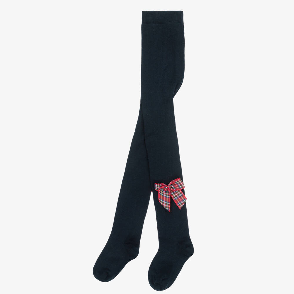 Meia Pata-Girls Navy Blue Cotton Tights with Red Tartan Bows | Childrensalon