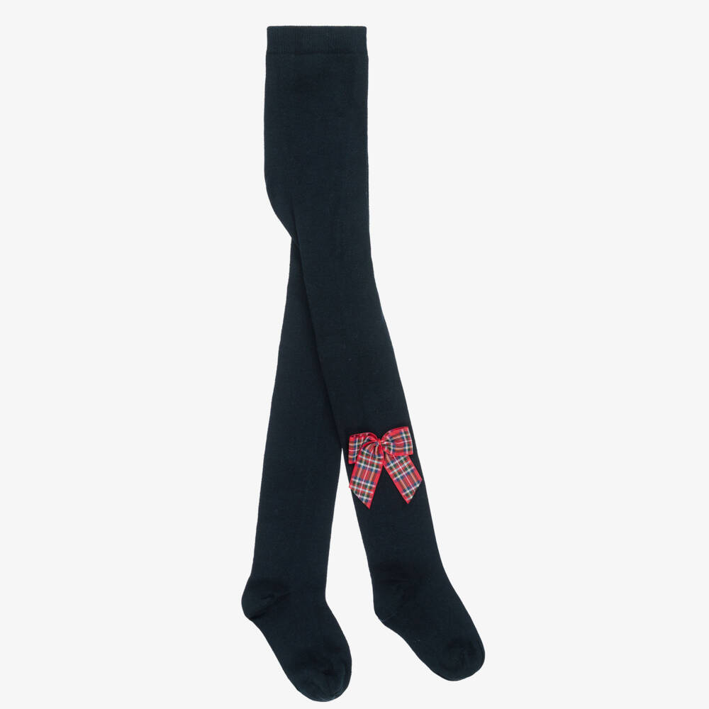Meia Pata-Girls Navy Blue Cotton Tights with Red Tartan Bows | Childrensalon