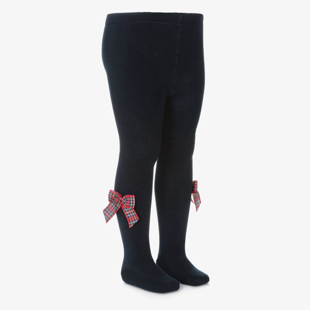 Meia Pata-Girls Navy Blue Cotton Tights with Red Tartan Bows | Childrensalon