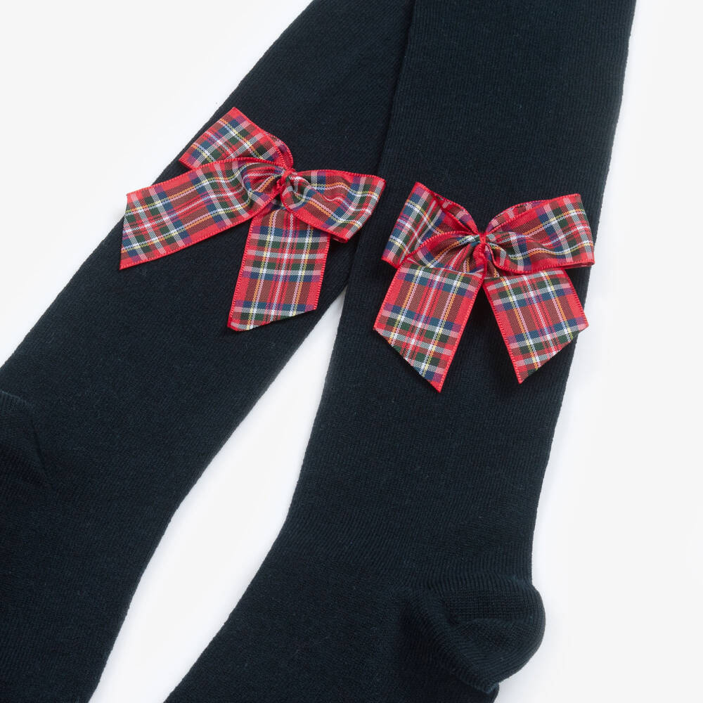Meia Pata-Girls Navy Blue Cotton Tights with Red Tartan Bows | Childrensalon