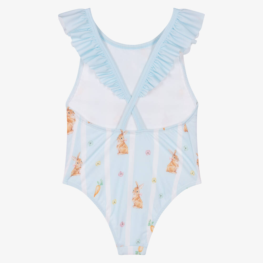Meia Pata-Girls Pale Blue Stripe Rabbit & Carrot Print Swimsuit (UPF50+) | Childrensalon