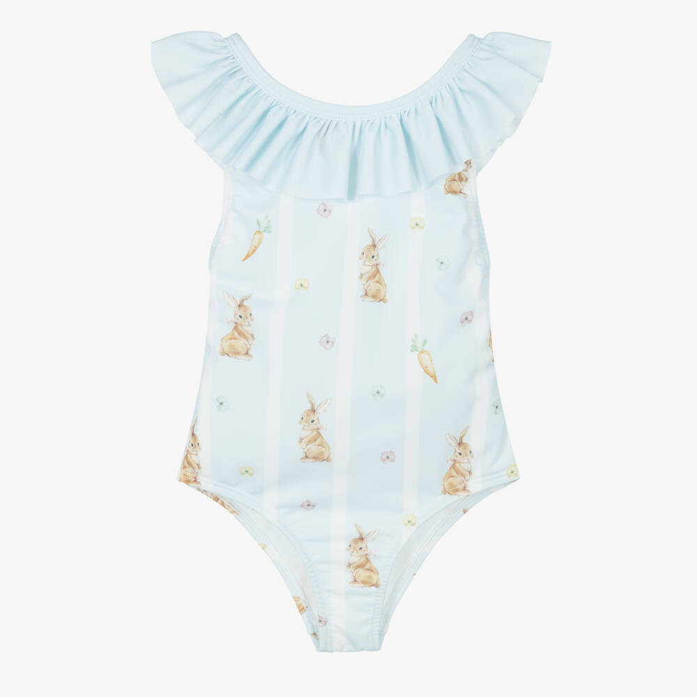 Meia Pata-Girls Pale Blue Stripe Rabbit & Carrot Print Swimsuit (UPF50+) | Childrensalon