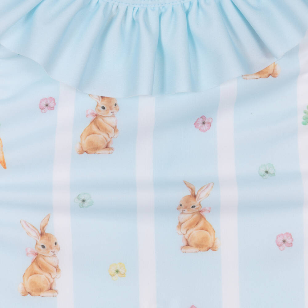 Meia Pata-Girls Pale Blue Stripe Rabbit & Carrot Print Swimsuit (UPF50+) | Childrensalon