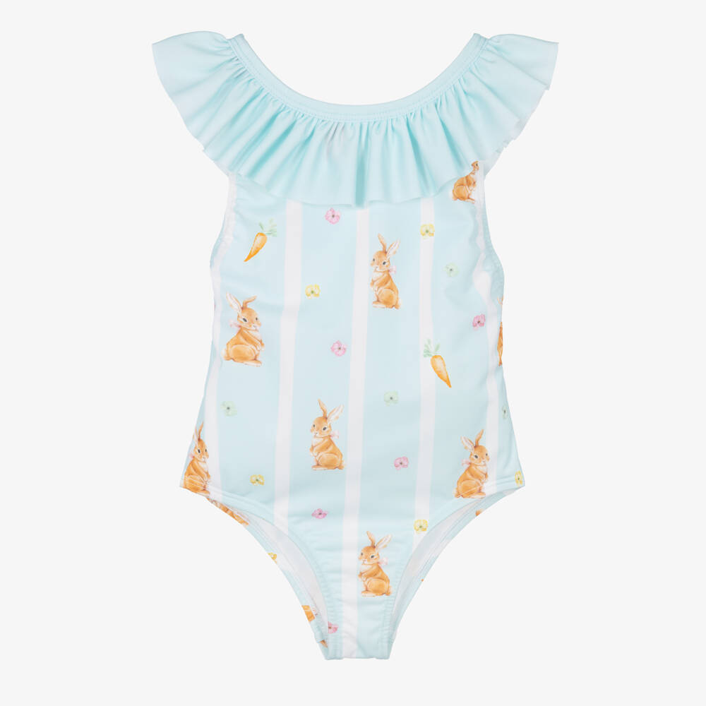 Meia Pata-Girls Pale Blue Stripe Rabbit & Carrot Print Swimsuit (UPF50+) | Childrensalon