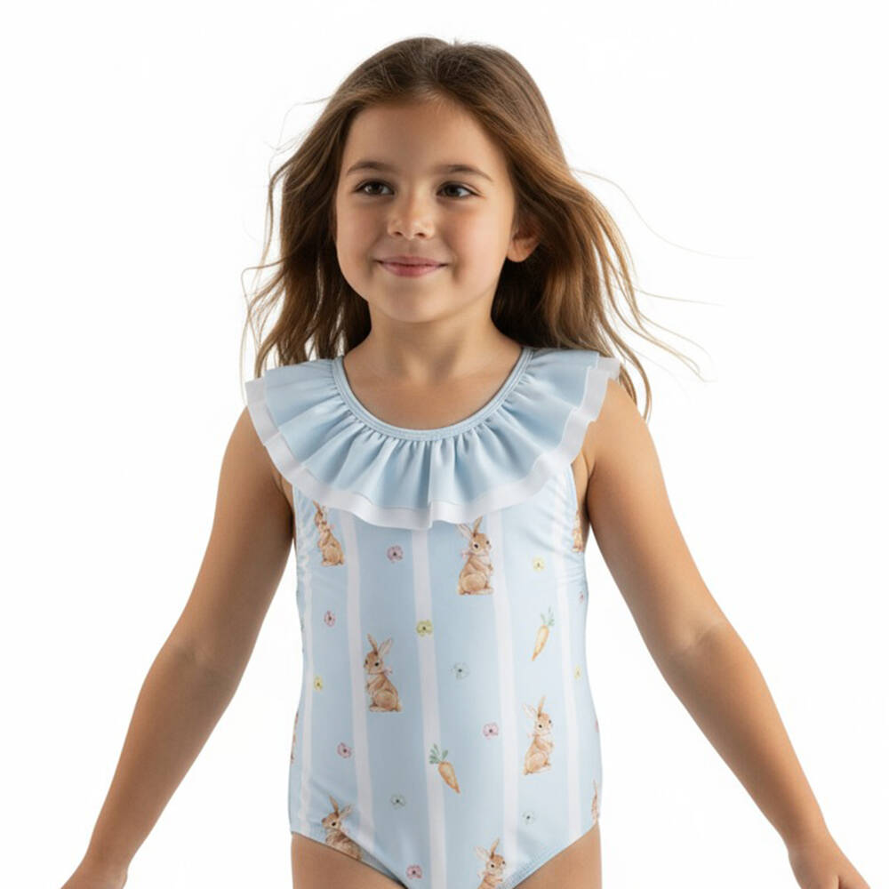 Meia Pata-Girls Pale Blue Stripe Rabbit & Carrot Print Swimsuit (UPF50+) | Childrensalon