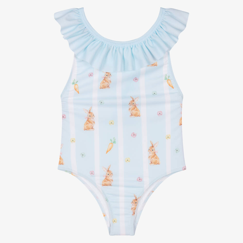 Meia Pata-Girls Pale Blue Stripe Rabbit & Carrot Print Swimsuit (UPF50+) | Childrensalon