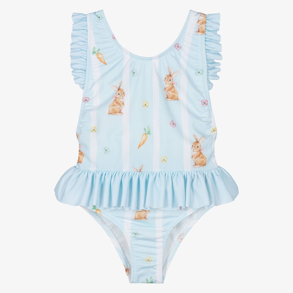 Meia Pata-Girls Pale Blue Swimsuit with Rabbit Print & Ruffles (UPF50+) | Childrensalon