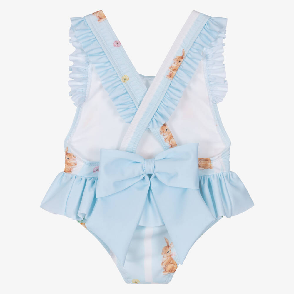 Meia Pata-Girls Pale Blue Swimsuit with Rabbit Print & Ruffles (UPF50+) | Childrensalon