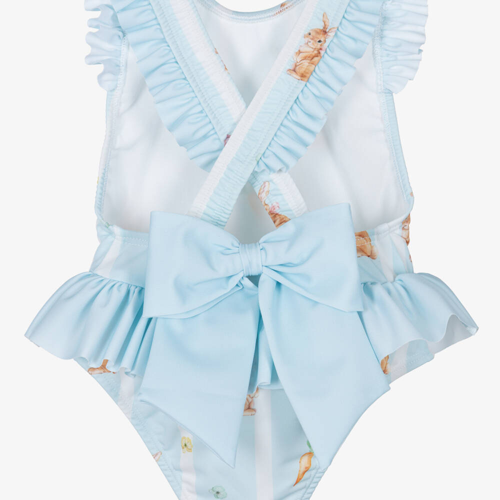 Meia Pata-Girls Pale Blue Swimsuit with Rabbit Print & Ruffles (UPF50+) | Childrensalon