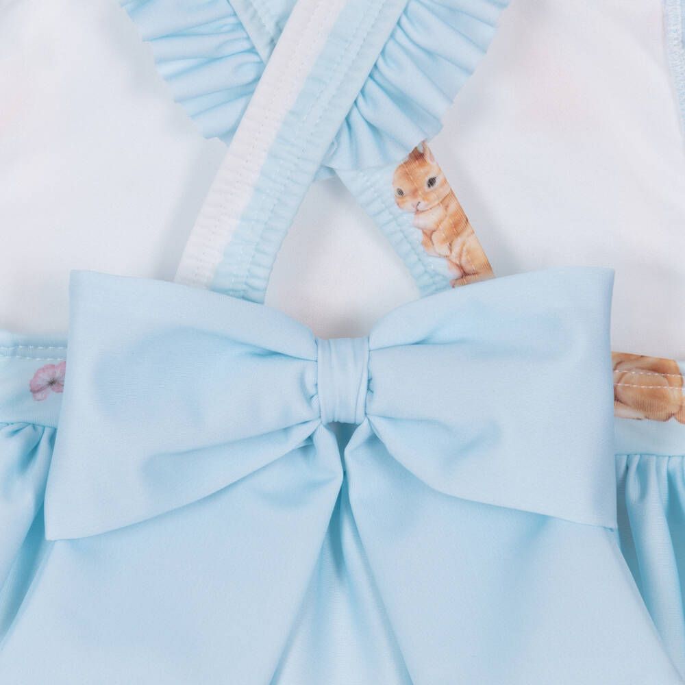 Meia Pata-Girls Pale Blue Swimsuit with Rabbit Print & Ruffles (UPF50+) | Childrensalon