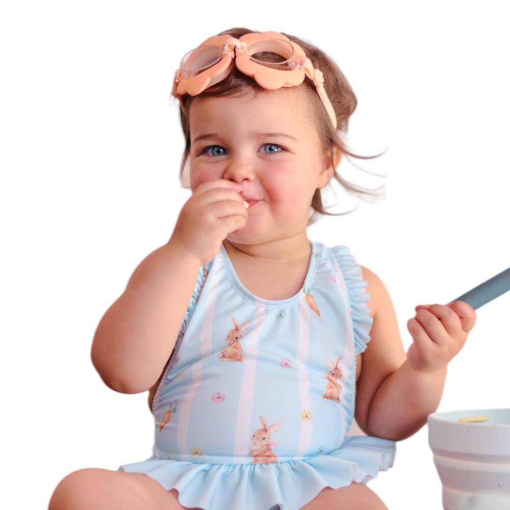 Meia Pata-Girls Pale Blue Swimsuit with Rabbit Print & Ruffles (UPF50+) | Childrensalon